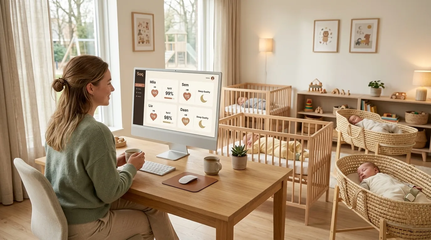 Daycare worker checking baby vitals on a dashboard.