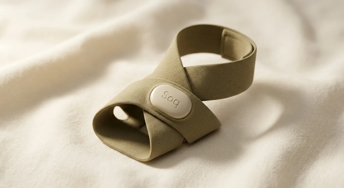 The Soq smart sock and its wireless charger on a soft surface.