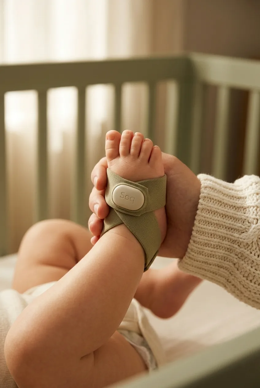 The Soq sock on a baby's foot.