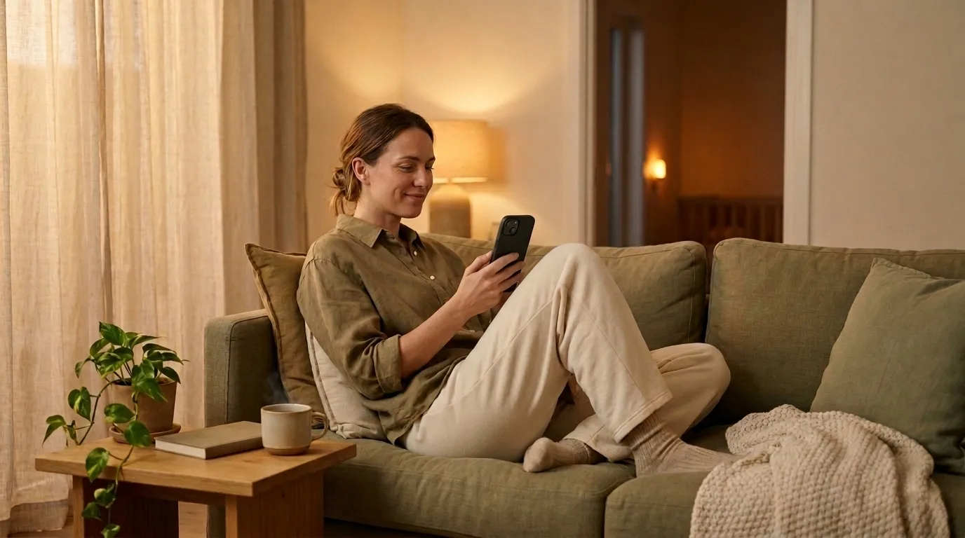 Mother checking the Soq app on the couch.