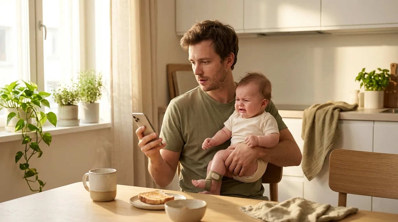 Father holding baby while checking the Soq app in the kitchen.